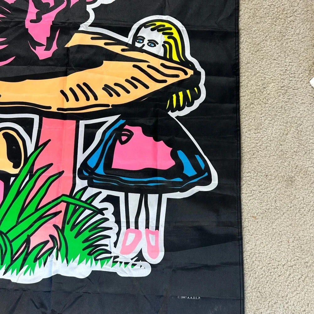 Vintage‎ Wonderland Flag Tapestry 1997 AADP Art Black Alice Mushroom Design